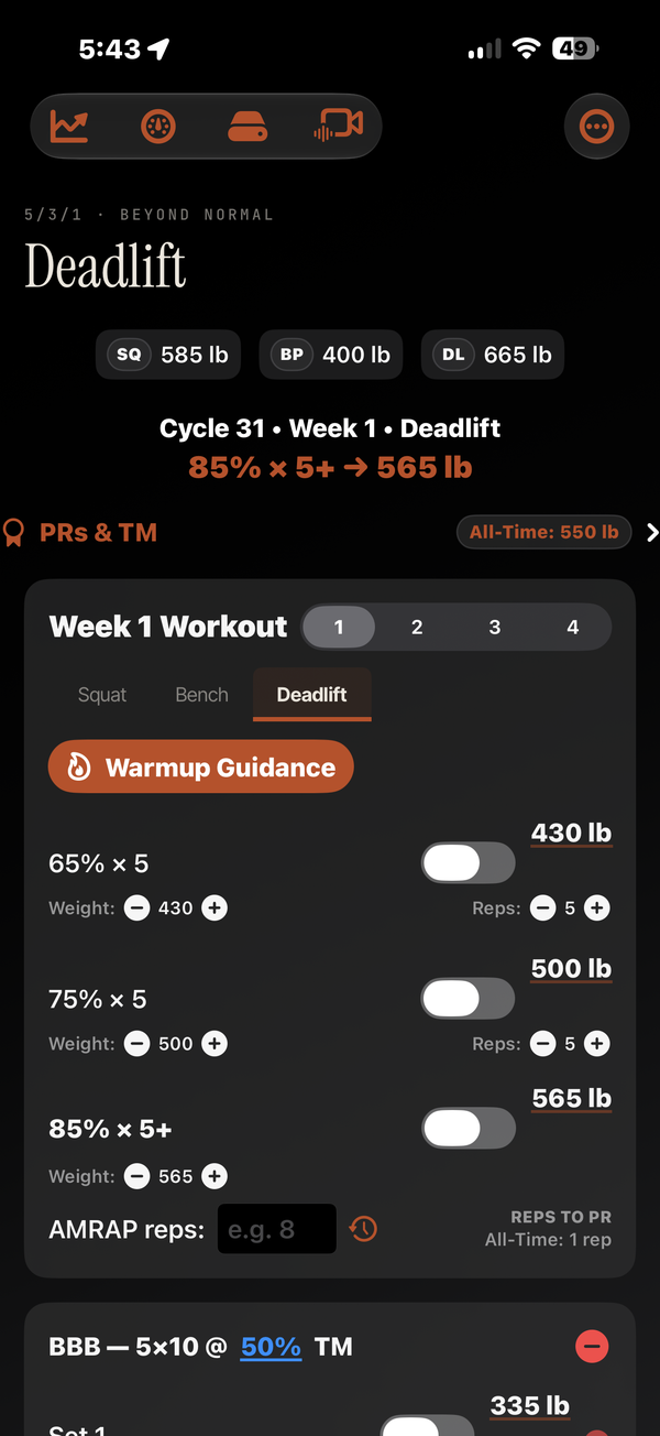 The Beyond Normal workout screen on iPhone: Deadlift, cycle 31, week 1, prescribing 85% for 5+ reps at 565 lb, with the Trends sheet open over it charting estimated 1RM climbing from roughly 350 to 550 lb across 28 cycles.