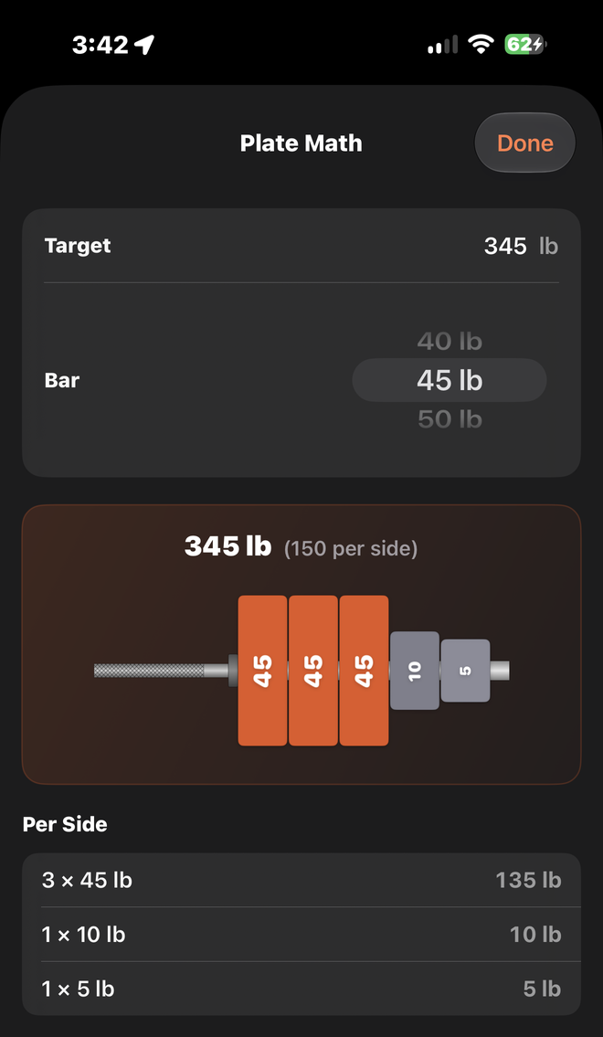 Plate Math on iPhone: a 345 lb target on a 45 lb bar, drawn as three 45s, a 10 and a 5 on each sleeve, with a per-side breakdown underneath.
